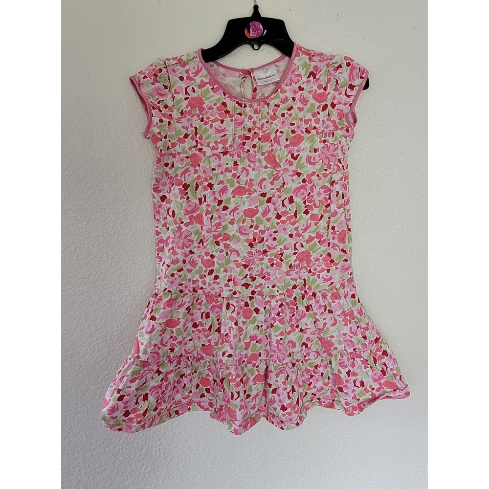 Hanna Andersson Girls Pink Floral Tiered Drop‎ Waist Cotton Dress Size 6-7 #1